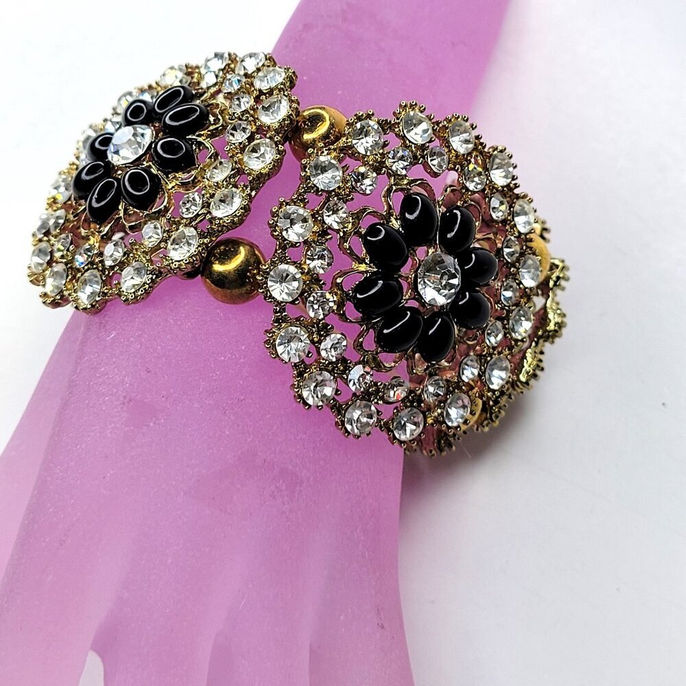 Floral Black Gold Statement Stretch Bracelet